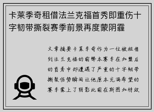 卡莱季奇租借法兰克福首秀即重伤十字韧带撕裂赛季前景再度蒙阴霾 卡莱季奇租借法兰克福首秀即重伤十字韧带撕裂赛季前景再度蒙阴霾